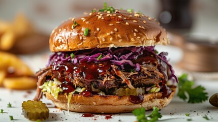 BBQ pulled pork burger with tender pulled pork, coleslaw, pickles, and BBQ sauce on white table