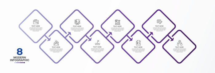 Infographic process design with icons and 8 options or steps.