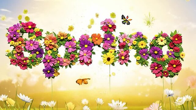 An animated lettering of the word Spring as a background of flowers and bright colors.