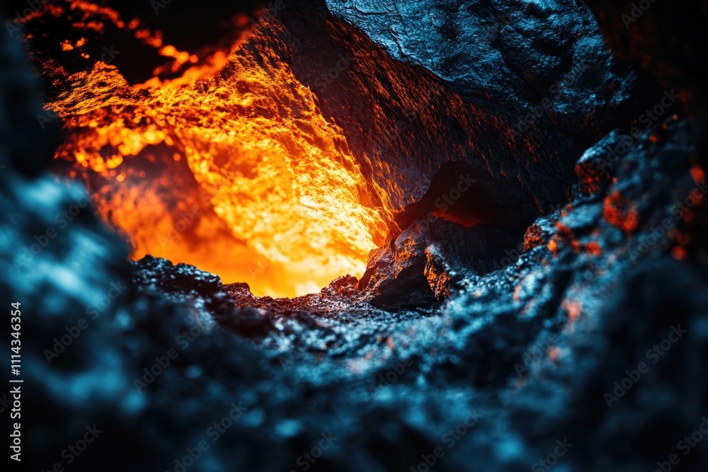 Poster a cave filled with flowing lava and flames, ideal for use in scenes of fantasy or adventure