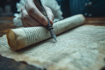 Writing on ancient parchment with a quill in a dimly lit room. Generative AI