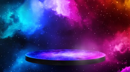 Colorful space with a glowing, round platform in the middle. The platform is surrounded by a cloud...