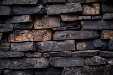 Naklejka premium Rustic black stacked stone wall with weathered texture
