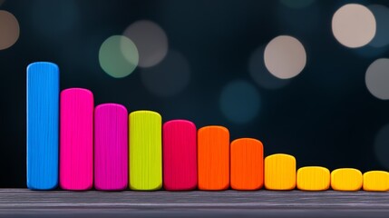 Row of colorful wooden blocks with a black background. The blocks are arranged in a way that they form a line, with the tallest block on the left and the shortest on the right