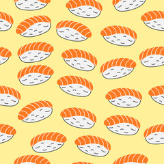 Nigiri sushi seamless pattern background. Japanese dish with rice and raw salmon fish wallpaper. Vector Illustration