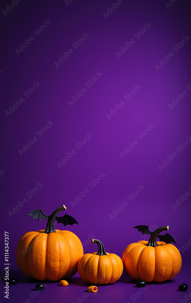 Poster small pumpkins and bats silhouettes sit atop a deep violet background in an isolated empty space wai