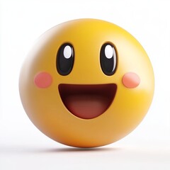 Fototapeta premium Cute happy emoji on white background. 3D render of a round yellow ball with eyes and smiling mouth.