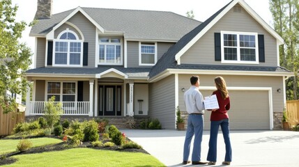 Couple Viewing House with Checklist in Bright Daylight
