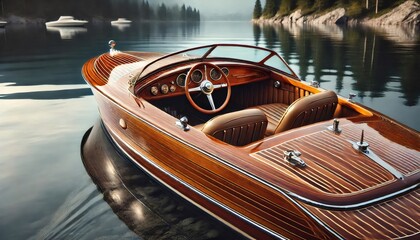 Classic wooden runabout motorboat floating on a lake with forest in background