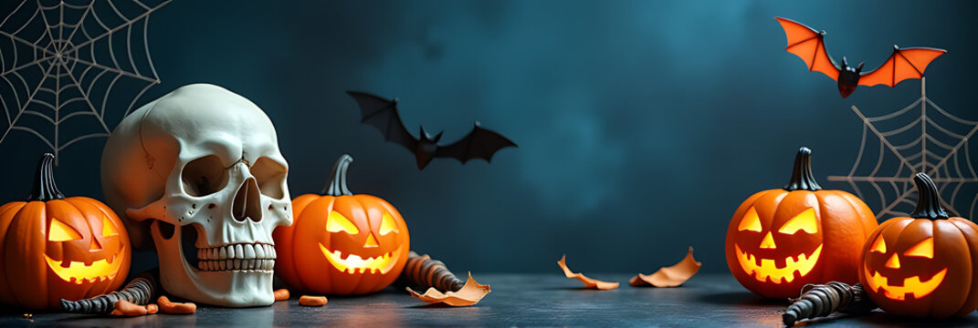Skulls, pumpkins, spider webs, and bats adorn a dark backdrop, evoking a sense of eeriness and festive Halloween spirit in this atmospheric setting._00001_