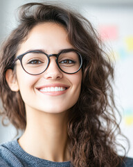 Obraz premium A woman with curly hair and glasses is smiling
