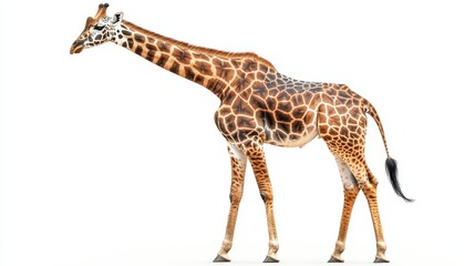Fototapeta premium Giraffe Isolated. Full-Body Portrait of a Giraffe Standing on a White Background, Highlighting Its Unique Coat Pattern and Long Neck, Image Made Using Generative AI