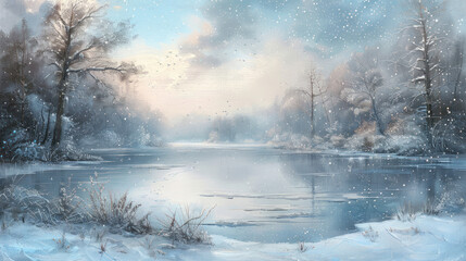 Fototapeta premium Peaceful frozen lake surrounded by snowy banks and trees, with a soft mist hanging above