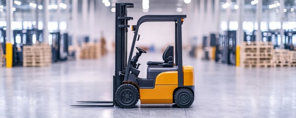 A modern forklift is positioned in a spacious warehouse, showcasing its sleek design and functionality in a commercial setting.