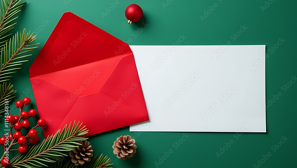 Poster red envelope and paper sheet christmas decorations feature pine branches, cones, and red berries aga