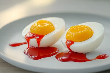 Two eggs, one cracked open with the yolk inside dripping red ink onto an eggshell plate