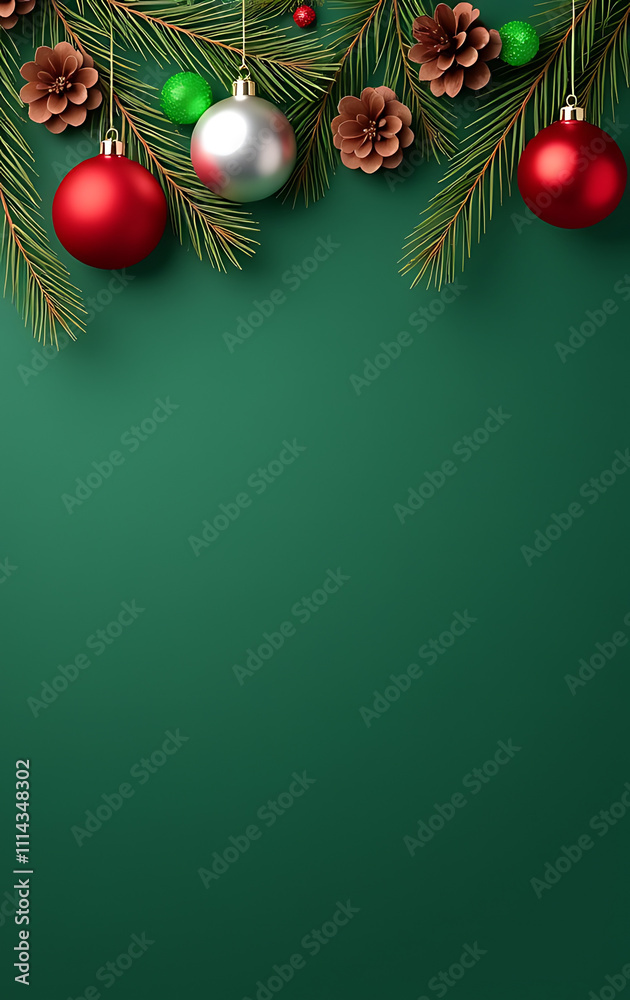 Poster red and silver christmas ornaments hang from pine branches amidst cones on a simple green background