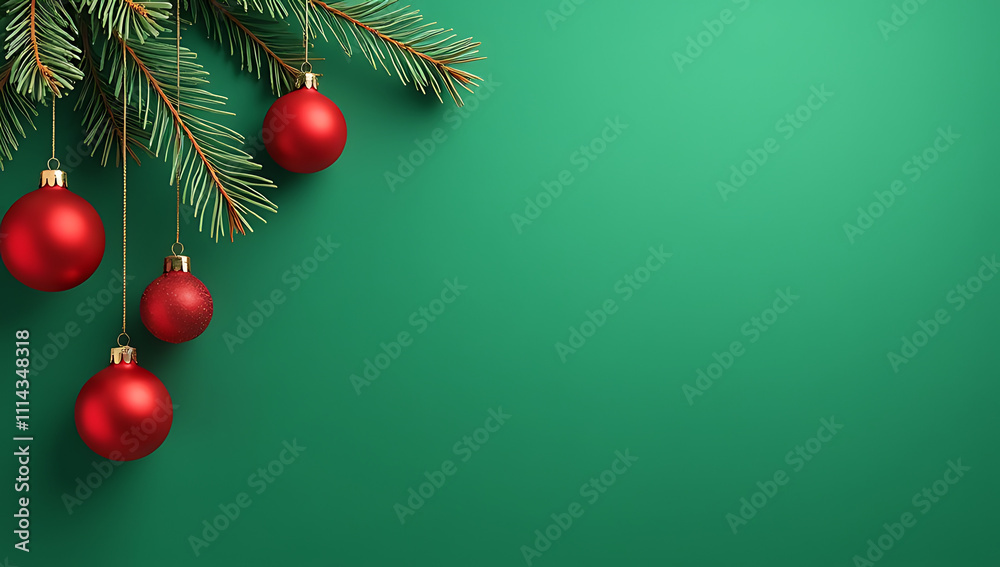Poster Red and white Christmas tree ornaments hang from pine branches against a plain green background with empty space in the center._00001_