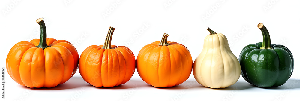 Poster Raw vegetables pumpkins and other autumnal produce arranged in a neat row on an isolated white background with empty space around them._00001_