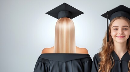Young graduates celebrating in cap and gown with joyful expressions