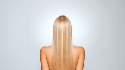 Obraz premium Back view of blonde woman with long straight hair on light background