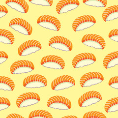 Salmon nigiri sushi seamless pattern background. Japanese food motif wallpaper