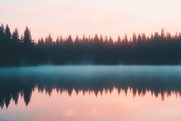 Serene Sunset Reflection Over Misty Forest Lake