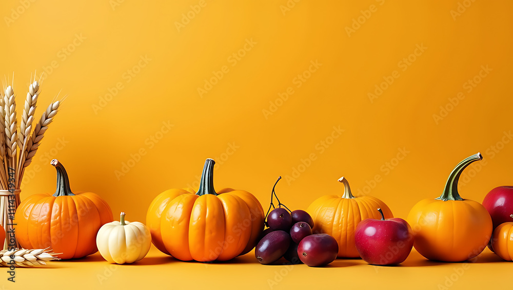 Poster photo of various vegetables fruits and grains including pumpkins apples and wheat arranged on an iso