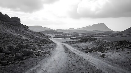 A Desolate Dusty Road Through Volcanic Mountains