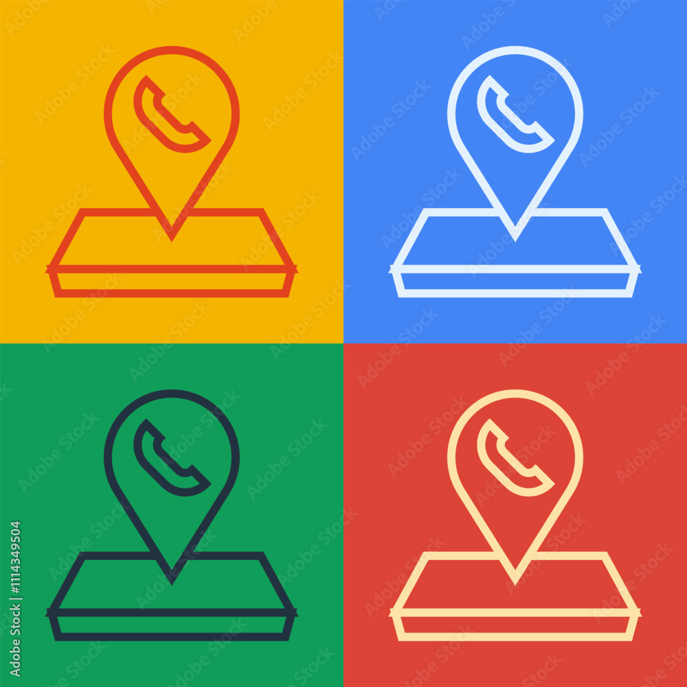Poster pop art line map pointer with telephone or communication icon isolated on color background. call cen