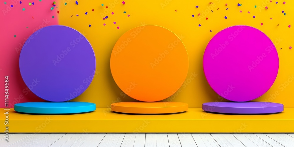 Poster three colorful round objects are placed on a white surface. the objects are of different colors and 
