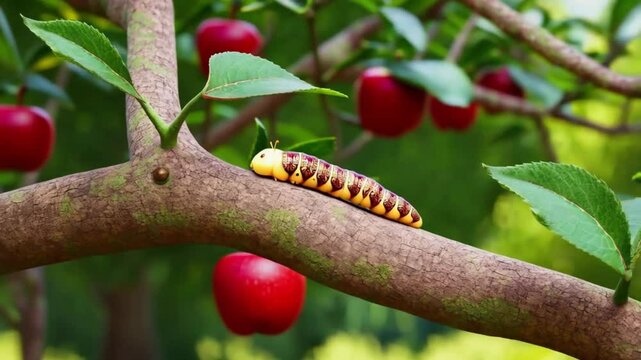 Cute and adorable animation of caterpillar on apple tree branch, smooth looping video with 4K animation