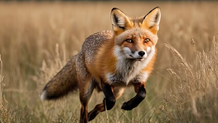 Fototapeta premium Fox Leaping Through Tall Grass in Golden Meadow While Hunting