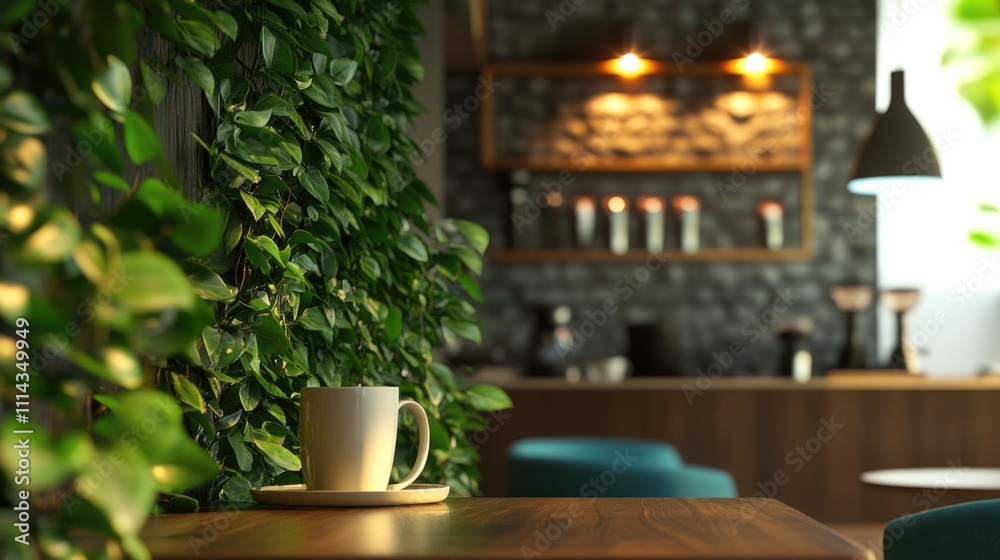 Poster a simple setup with a coffee cup placed on a wooden table