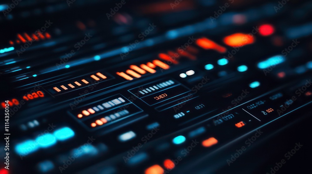 Poster Close-up of a futuristic digital interface with glowing orange and blue elements, displaying various data and controls.
