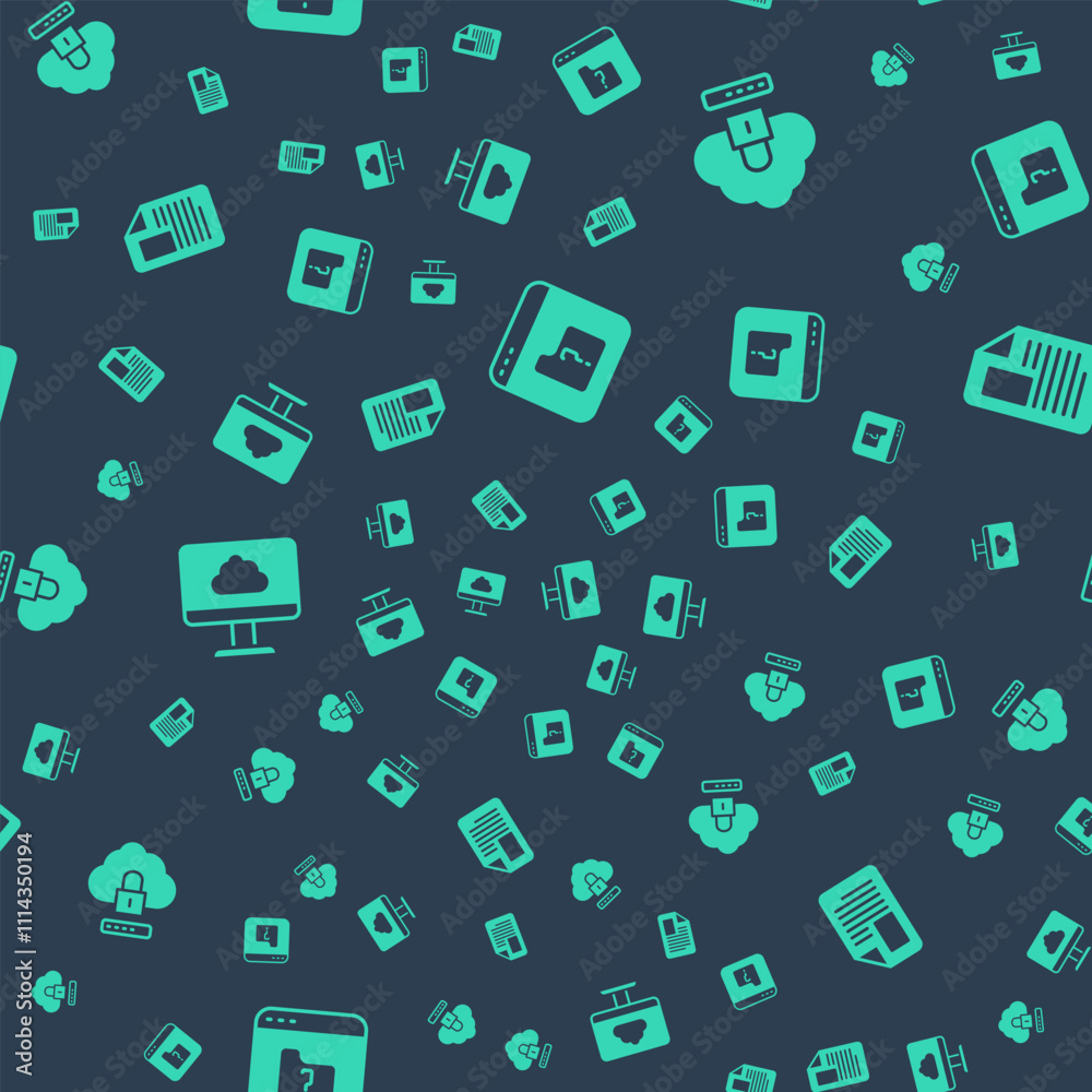 Poster set file missing, cloud computing lock, technology data transfer and document on seamless pattern. v