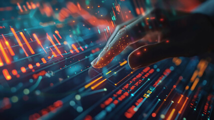 Businessman one hand index finger touching on financial data and economic growth graph chart