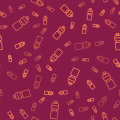Brown line Fitness shaker icon isolated seamless pattern on red background. Sports shaker bottle with lid for water and protein cocktails. Vector