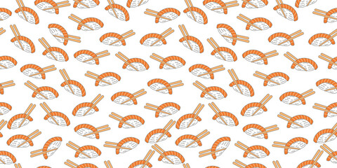 Sushi with chopstick seamless pattern background. Nigiri with raw salmon fish. Japanese food motif wallpaper