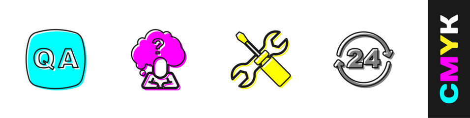 Set Question and Answer, Head with question mark, Screwdriver wrench spanner and Telephone 24 hours support icon. Vector