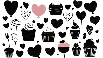 Charming black and white illustration of cupcakes hearts, a sweet treat for design