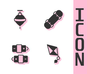 Set Kite, Whirligig toy, Battery and Skateboard icon. Vector