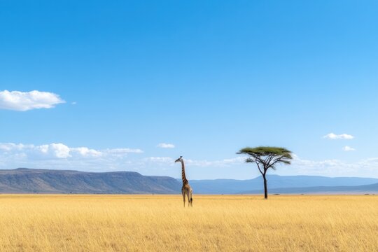 Giraffe Stands Alone In Serengeti Grassland Under Blue Sky