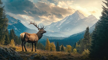 Scenic landscape of a hunters paradise, highlighting the beauty of a forest and mountains. This captivating hunter-themed image offers ample space for photo style elements.
