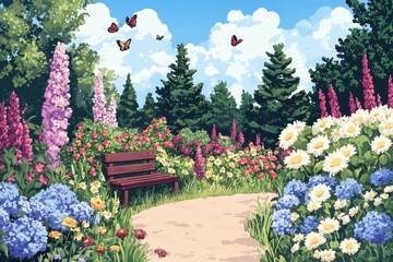 Obraz premium Serene Garden Bench Amidst Blooming Flowers and Butterflies