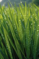 Fototapeta premium Fresh green blades of grass with tiny water droplets, great for representing nature or calm atmosphere