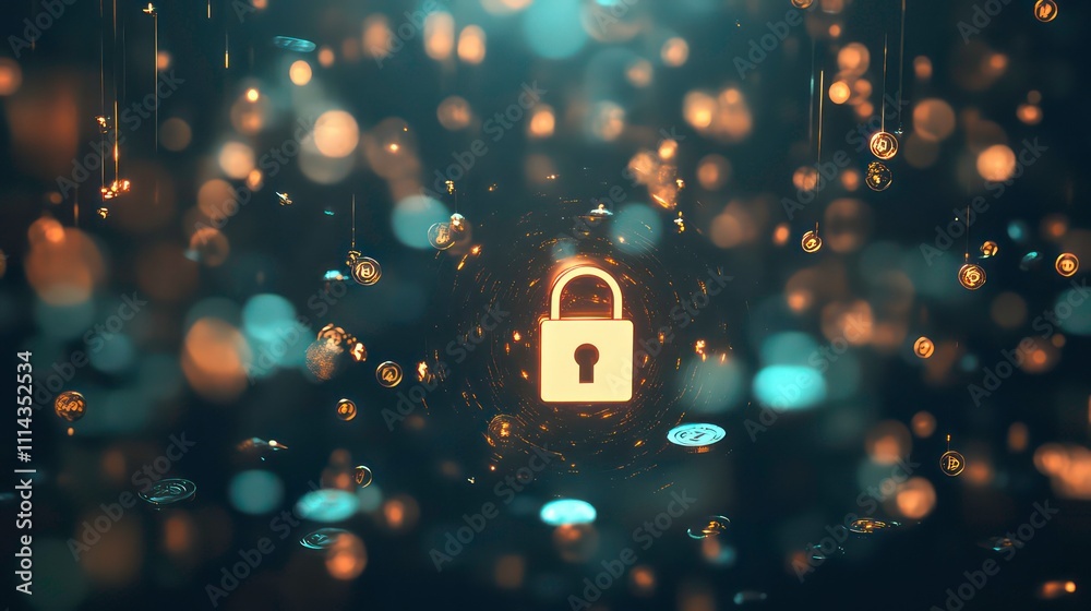 Fototapete glowing padlock icon surrounded by bokeh lights, representing digital security and data protection.