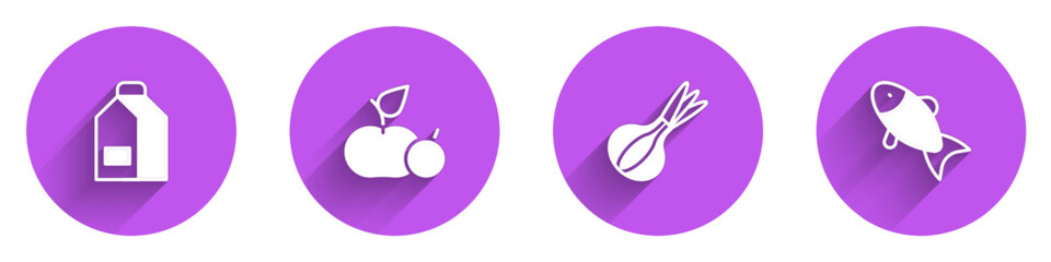 Set Paper package for milk, Apple, Onion and Fish icon with long shadow. Vector