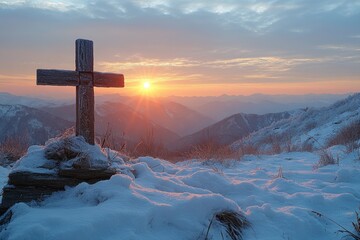 A wooden cross sits atop a snow-covered hillside, with a serene winter landscape in the background