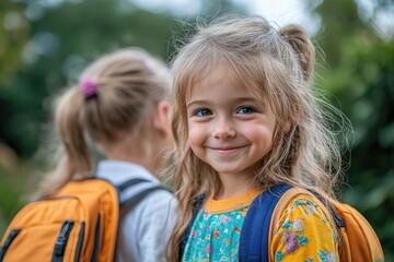 Two young girls wearing backpacks stand together, ready for adventure or a trip